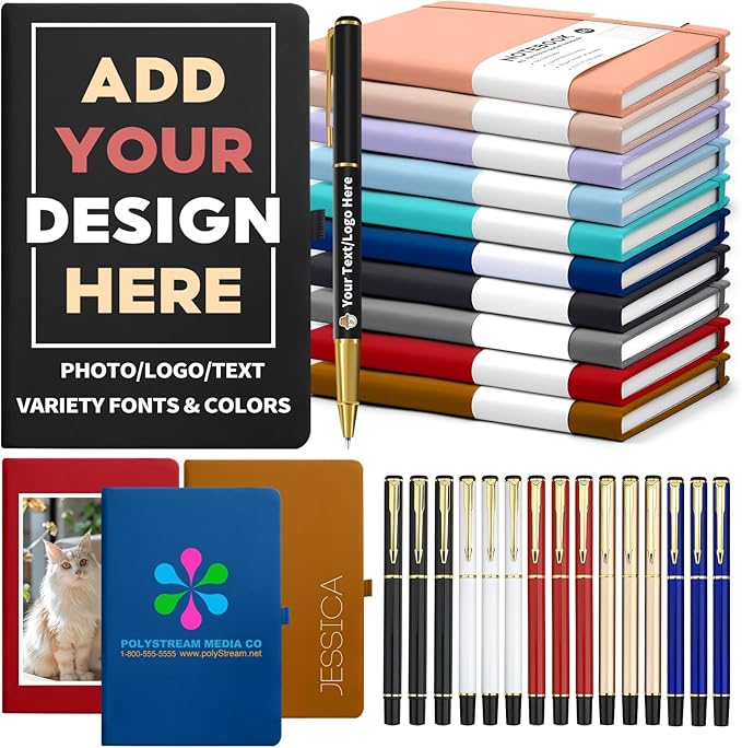 Customizable Notebook with Pen- Personalized Notebook Bulk Cover with Any Design - A6/A5 192 Lined Pages Journaling Notebooks for Work School Business Church