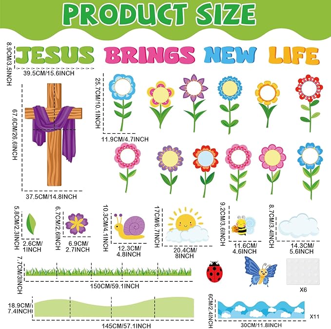Christian Spring Bulletin Board Set Jesus Brings New Life Religious Cross Classroom Decor Lent Butterfly Flower Paper Cutouts DIY Photo Bulletin Board Border for Easter Church VBS Sunday School Decor