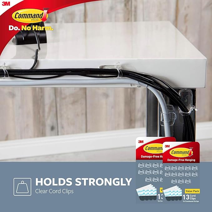 Command Round Cord Clips, Damage Free Hanging Cable, for Hanging Electrical Cables, 26 Clear Cord Clips and 32 Strips