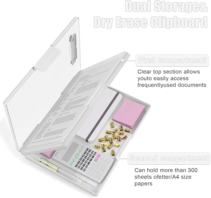 Hongri Clipboard with Storage, White 8.5 x 11 Folder Nursing Side Opening, Heavy Duty with Dual Compartment, Smooth Writing for Teachers, Classroom, Size 13.3 x 9.4 x 1.5 in, Office & School Supplies