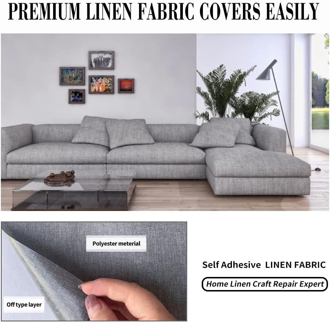 Fabric Repair Patches, 17X79 Inch Linen Repair Tape Self-Adhesive Fabric Patches Durable, DIY Large Linen Tape for Sofa, Couches, Furniture, Chair, Clothing （17X79 Inch, Dark Grey）
