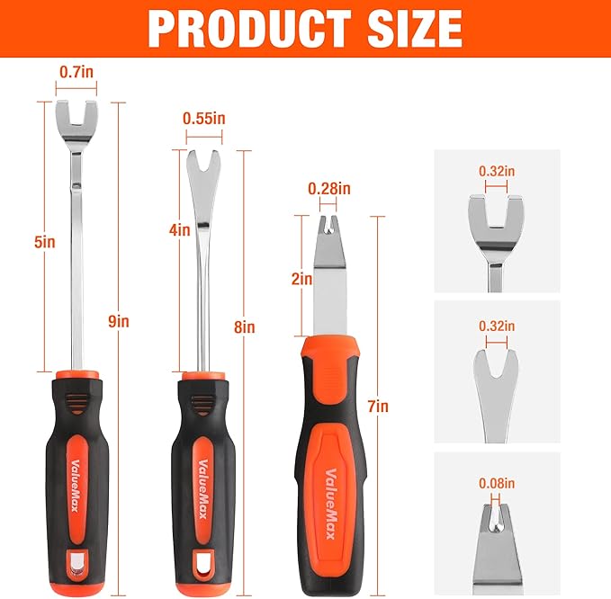 VALUEMAX 3Pcs Trim Removal Tool and Staple Remover Set, Heavy Duty Pry Tool Clip Removal Tool Staple Puller, Upholstery Tools for Removing Staples, Tacks, Auto Clip Fasteners, Door Panel, Dashboard