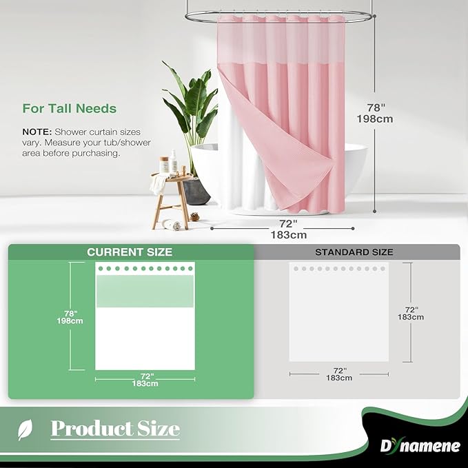 Dynamene 78 Inch Long Shower Curtain, Tall Waffle Fabric Shower Curtains for Bathroom, Hotel Waterproof Cloth Shower Curtain Liner Set with Hooks, Snap in Liner, Mesh Top Window, Pink, 72x78
