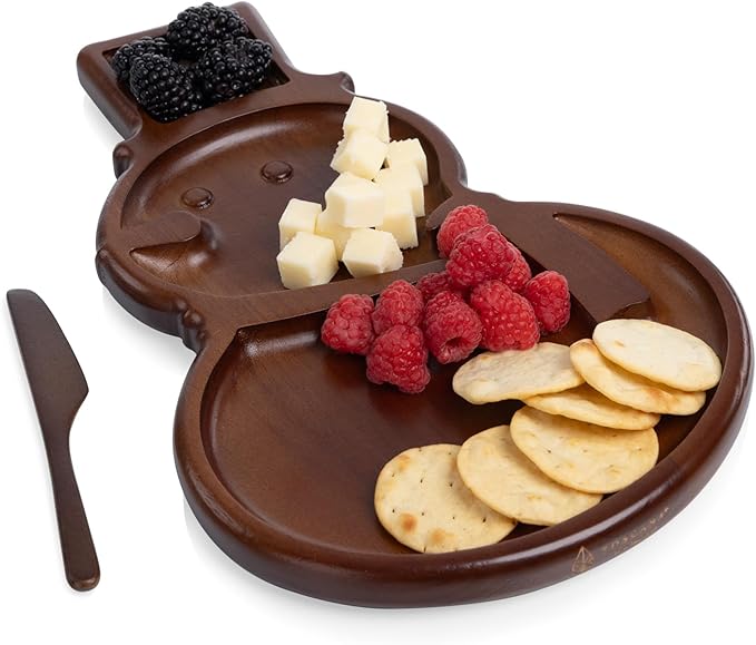 Picnic TIME Reversible Christmas Snowman Serving Tray with Knife, Holiday Appetizer Tray, Charcuterie Board, Cutting Board, (Stained Parawood)
