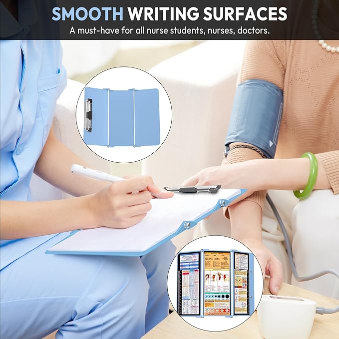 Nursing Clipboard Foldable, Foldable Clipboard w/Nursing Edition Cheat Charts,3 Layers Aluminum, Nurse Clip Board w/Low Profile Clip&Pen Clip Pocket for Nurses and Doctors,Light Blue