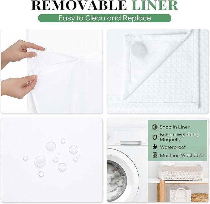Dynamene 78 Inch Long Shower Curtain, Tall Waffle Fabric Shower Curtains for Bathroom, Hotel Waterproof Cloth Shower Curtain Liner Set with Hooks, Snap in Liner, Mesh Top Window, White, 72x78