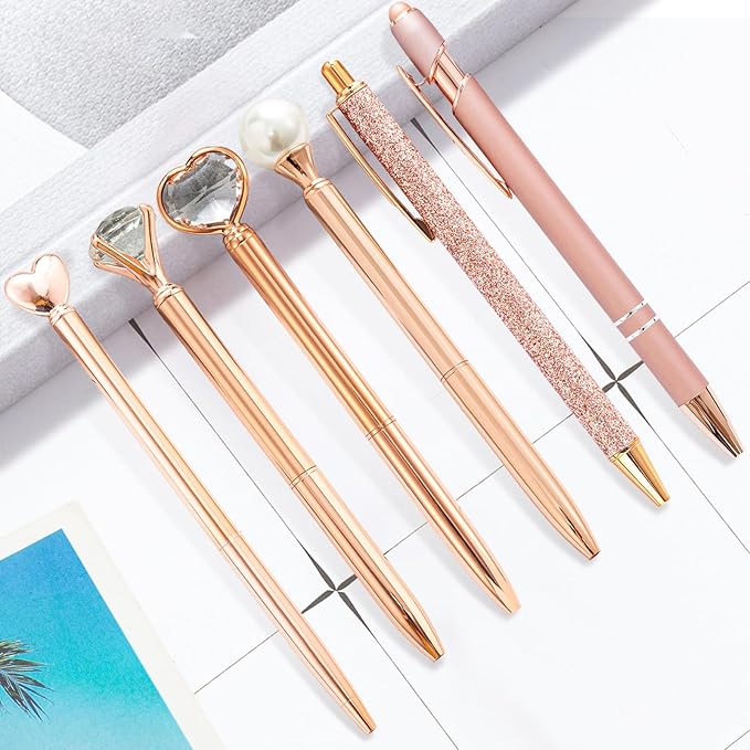 Cute Pens for Women, 6 Pcs Rose Gold Pens Metal Ballpoint Pen Bulk, 1.0mm Medium Point Black Ink, Office and School Supplies Cool Fun Pen Gifts for Women Teacher Nurse (Rose Gold)