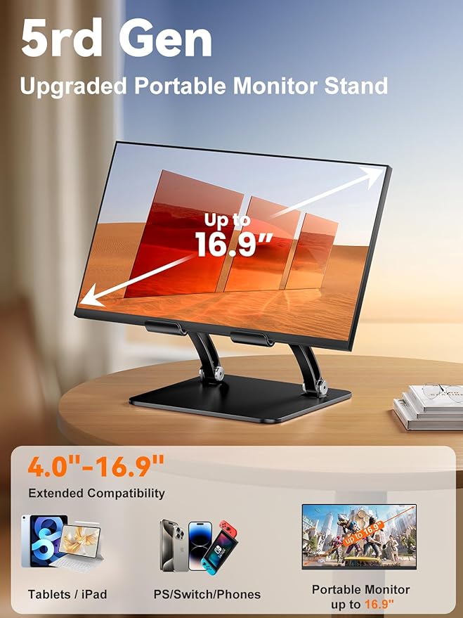tounee Tablet Holder Stand, Dual Rod Adjustable Aluminum Desktop Stand, Compatible with 4.7-16.9" iPads, Surface Tablets, Portable Monitor, Kindle and More (Black)