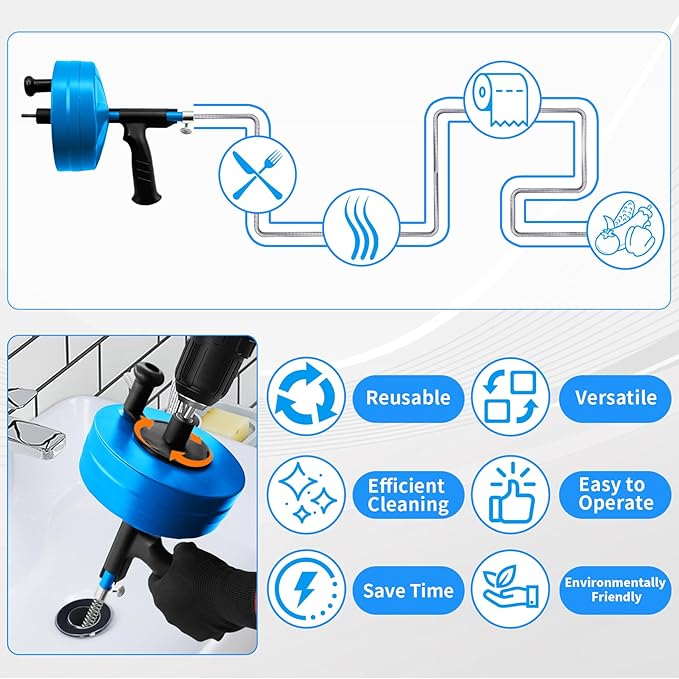 50 Ft Drain Snake, Plumbing Snake with Drill Attachment, Manual & Drill-Powered Drain Auger for Shower, Sink, Bathroom and Kitchen, with Gloves and Storage Bag