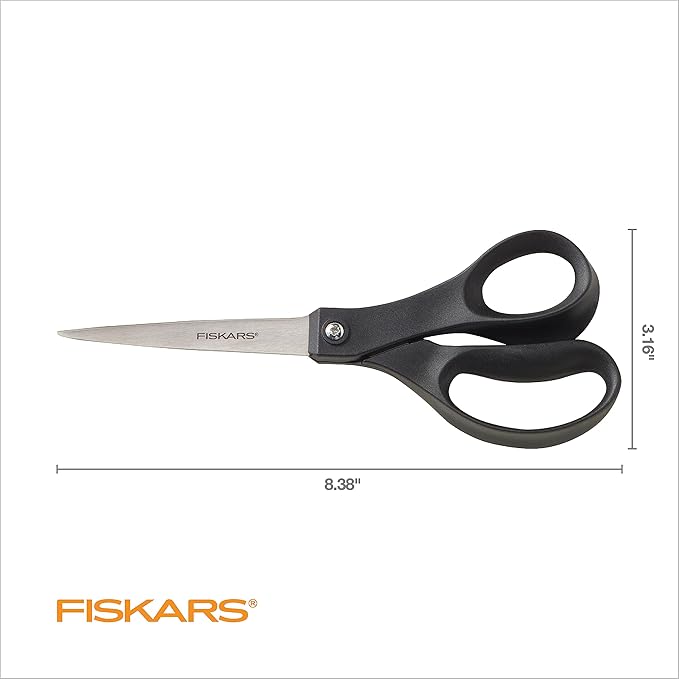 Fiskars 8” Everyday Recycled Stainless Steel Scissors (1-Pack) with Ergonomic Handles, Home & Office Scissors for Cutting Paper, Cardboard, Photos and More, Gray
