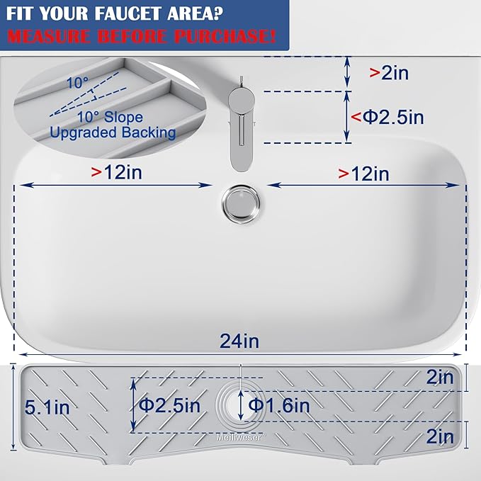 Meiliweser Faucet Mat for Kitchen Sink – 24” x 5.1” Extra-Long Silicone Splash Guard with 10° Slope & Upgraded Drainage – Gen 3 Sink Water Catcher & Sponge Holder for Kitchen, Bathroom (Gray)