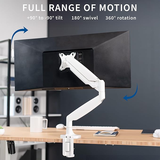 VIVO Premium Aluminum Heavy Duty Single Monitor Arm for Ultrawide Monitor up to 40 inches and 32.5 lbs, Desk Mount Stand, Pneumatic Height, Max VESA 100x100, White, STAND-V101QW