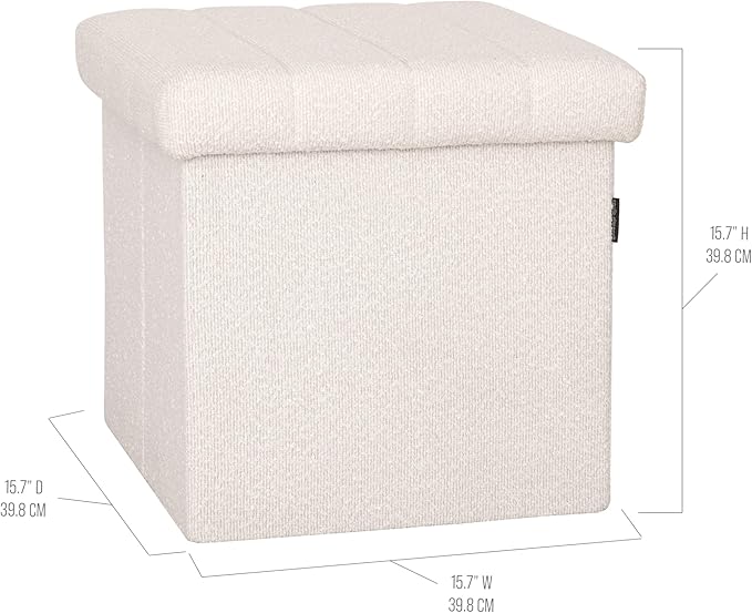Seville Classics Cushioned Fabric Ottoman Hidden Storage Chest Footrest Chair, Padded Seat for Bedroom, Dorm, Loft, Living Room, Entryway, Hallway, White Boucle, 15.7" Cube