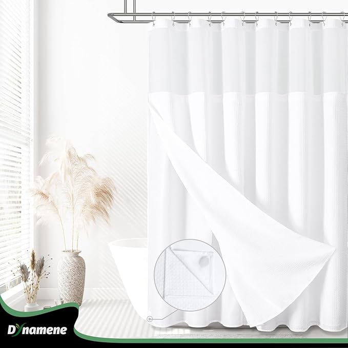 Dynamene Extra Long Shower Curtain, 84 Inch Long Waffle Fabric Shower Curtain for Bathroom, Tall Waterproof Cloth Shower Curtain Liner Set with Hook, Snap in Liner, Mesh Top Window, White, 72x84