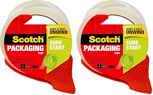 Scotch Sure Start Shipping Packaging Tape, 1.88" x 38.2 yd, Designed for Packing, Shipping and Mailing, Quiet Unwind, No Splitting or Tearing, 1.5" Core, Clear, 1 Dispensered Roll (Pack of 2)