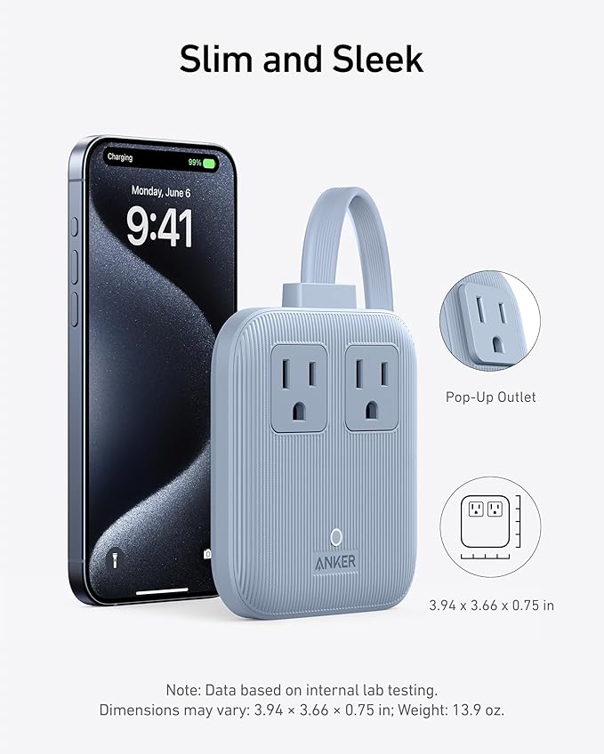 Anker Travel Power Strip, Anker Nano 67W Max 6-in-1 USB C Charger, 2 AC, 2 USB A and 2 USB C, 5ft Thin Undetachable Flat Plug Extension Cord with Multiple Outlets, Travel Essentials, Cruise Essentials