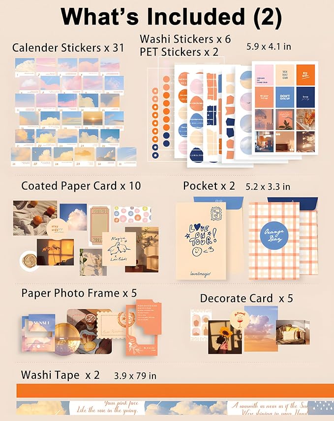 JOYCHOIC Scrapbooking Kit, Sunset Journaling Supplies, Junk Journal Materials, Large Aesthetic Scrapbook Collection for Women, Stationery DIY Arts Craft, Adults