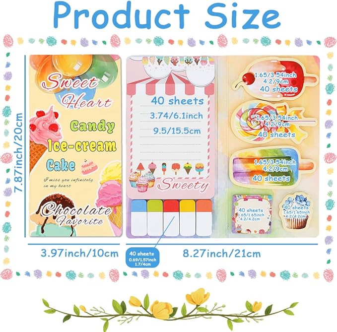 QPIXVB Ice Cream Sticky Notes Set,Cute Sticky Notes,Teacher Supplies for Classroom,Back to School Supplies,Ice Cream Gifts,Back to School Stuff,Summer Divider Tabs Bundle for Teacher Students