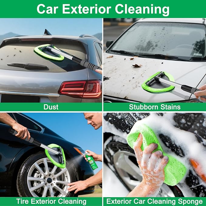 XINDELL Windshield Cleaner Tool – Car Interior Window Cleaning Kit with Extendable Handle & 4 Microfiber Pads, Auto Wiper Inside Windshield Brush for Car & Home Windows