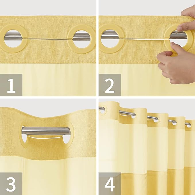 No Hooks Needed Linen Textured Shower Curtain with Snap-in Fabric Liner Set,Hotel Luxury Decor Shower Curtains for Bathroom with Mesh Top Window,Waterproof & Washable,71Wx74H,Gold