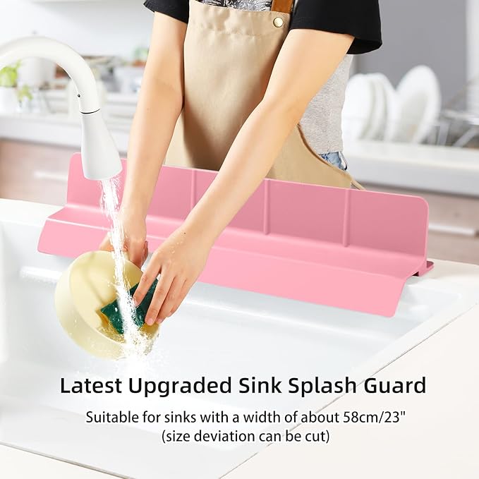 23" Ultra Silicone Sink Splash Guard Released in 2025/Dec,Self-Draining Water Splash Guard for Kitchen Sink,Bathroom and Island,with 3.5" High Splash Guard & 7 Strong Suction Cup (Pink)