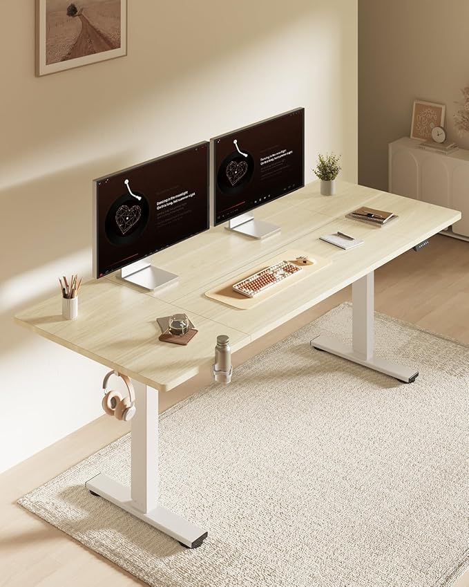 FLEXISPOT 79x32 Inch Electric Large Standing Desk for Home & Office, Spacious Splice Board Desk with Cable Management & Organizer, Cup Holder & Hook, White Wood Grain