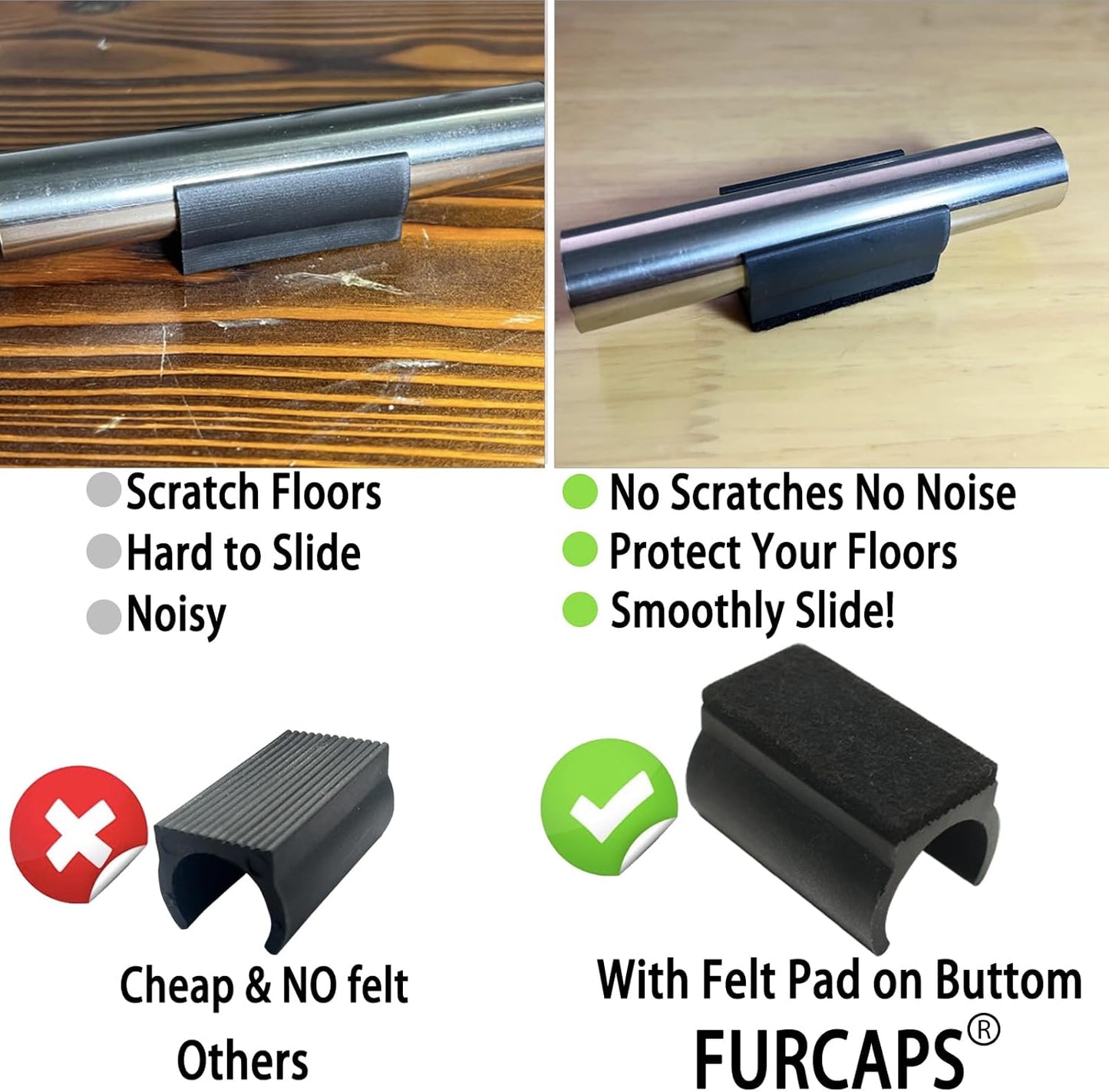Rectangle U Shaped Chair Leg Tips Cap with Felt Pads,Furniture Feet Protectors Slide Smoothly Glides,Protect Hardwood Floor No Scratches No Noise,Fit 19mm(3/4inch) Diameter Tubular Legs (Black 8PCS)