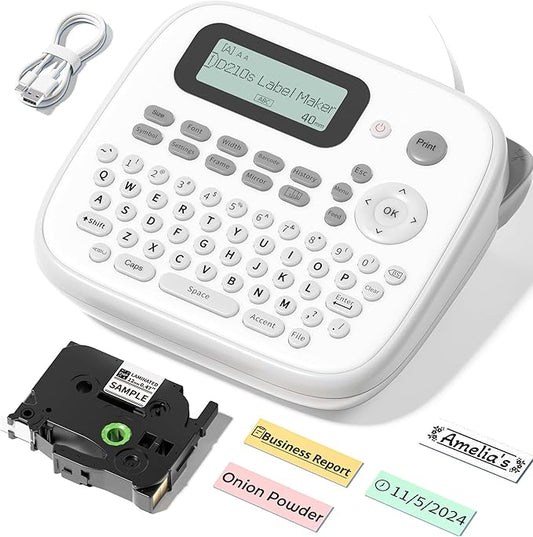 Label Maker Waterproof Labels, Labeler Machine with Tape, D210s Labeling Maker, 16+ Bolder/Handwritten Fonts & Intuitive Shortcut Keys, 12mm Removable Freezer Food Labels for Jars/Containers/Bottle
