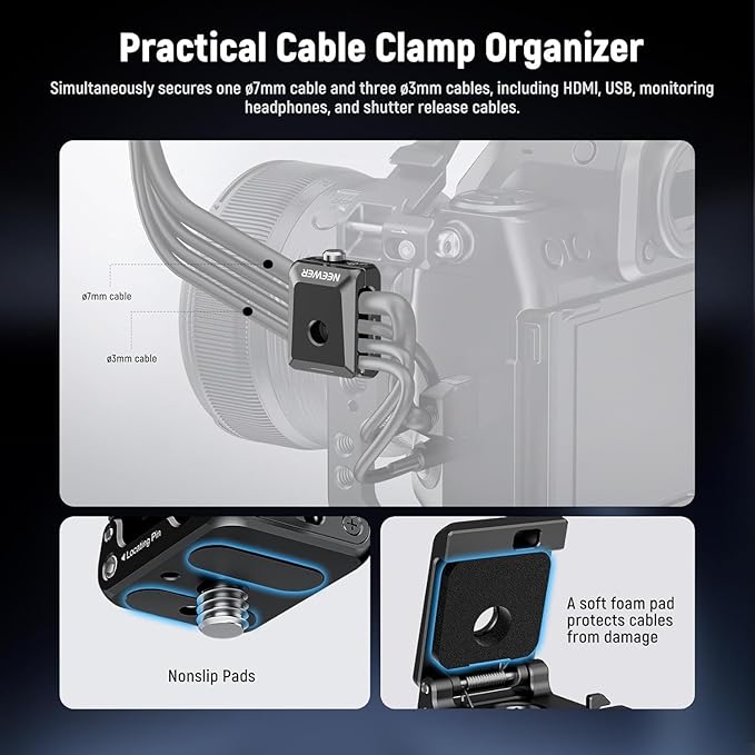 NEEWER Spring Loaded Cable Clamp, 2 Pack, Camera Cage Cable Organizer with Removable Anti Twist Locating Pin, 1/4" Screw, Quick Release Lock, Foam Pad for HDMI, USB, Headphone, Shutter Cables, UA073