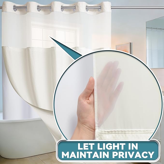 Conbo Mio No Hook Waffle Weave Shower Curtain with Snap in Liner Set, Hotel Luxury Beige Shower Curtains for Bathroom with See Through Top Window, Waterproof, Washable 71W x 74H
