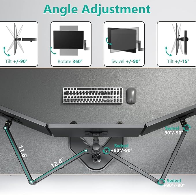 WALI Triple Monitor Stand, Free Standing Three LCD Monitor Fully Adjustable Desk Mount Fits 3 Screens up to 27 inch, 22 lbs Weight Capacity per Arm (MF003), Black