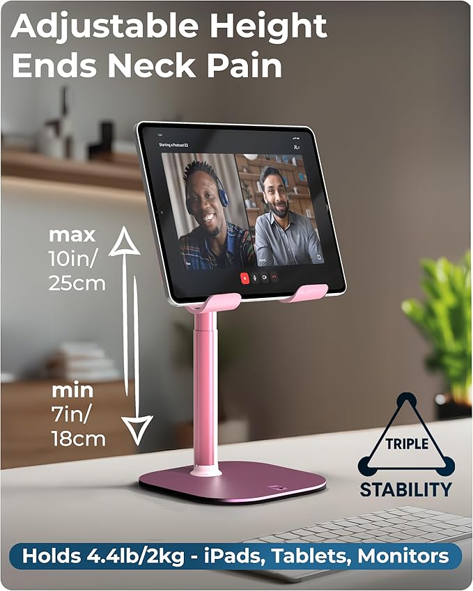 COOPER TabHolder, 7-10" Height Adjustable Tablet Stand, Premium iPad Stand for Desk, 270° Tilt iPad Holder, Kindle Holder, 15.6-17" Portable Monitor Support, (Lavender Pink)