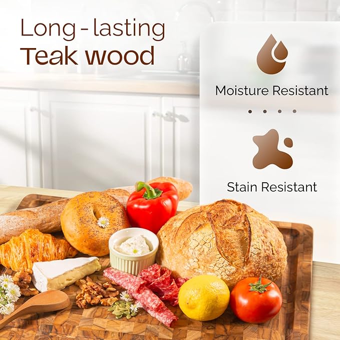Yes4All Medium End Grain Teak Cutting Board for Kitchen, 17''L x 13''W x 1.5” Thick, Durable Wood with Juice Grooves, Pre-Oiled, Easy Grip Handles, Essential Kitchen Utensils Set