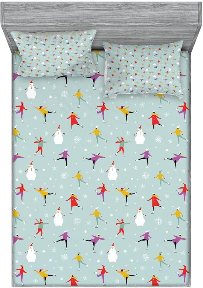 Ambesonne Ice Skates 2 Pack Fitted Sheet & Pillow Sham Set, Colorful Human on Ice, 4 Pcs Bedding Decor, Package Contains 2 Queen Size Fitted Sheets & 4 Pillow Covers, Pale Seafoam Multicolor