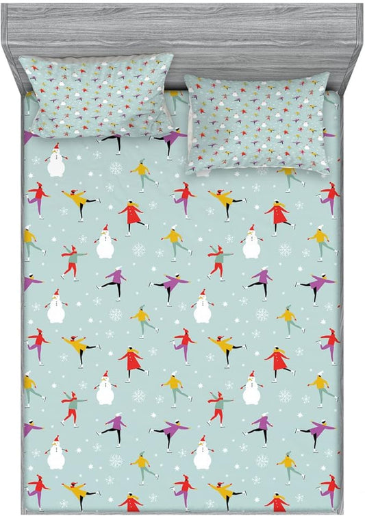 Ambesonne Ice Skates 2 Pack Fitted Sheet & Pillow Sham Set, Colorful Human on Ice, 4 Pcs Bedding Decor, Package Contains 2 Queen Size Fitted Sheets & 4 Pillow Covers, Pale Seafoam Multicolor
