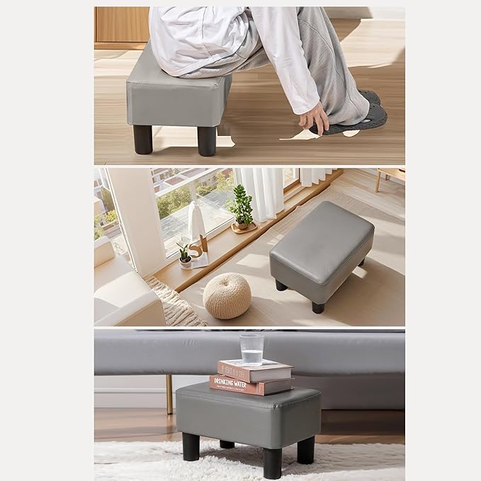 VECELO Small Foot Stool Ottoman, PU Foot Rest with Legs, Rectangle Footrest for Living Room Couch, Gray