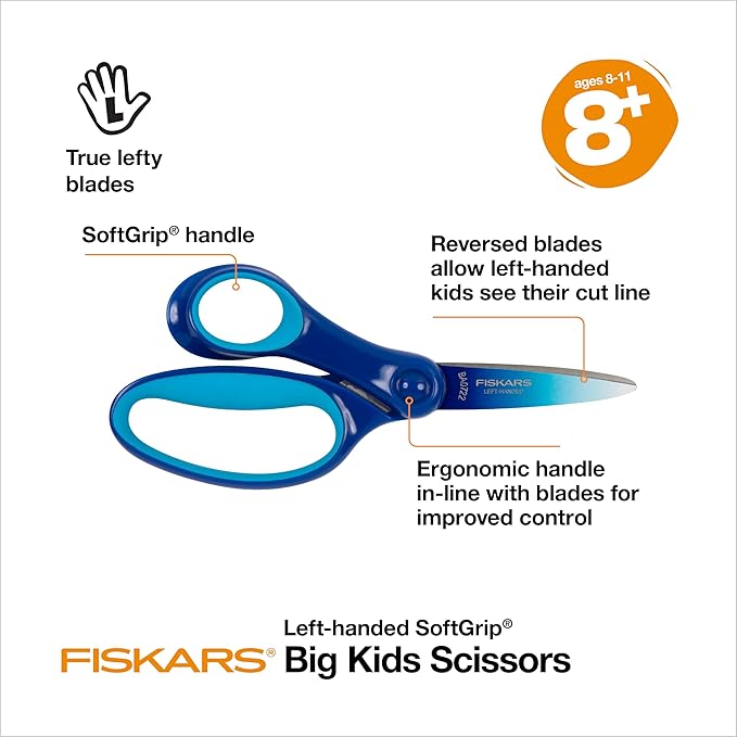 Fiskars 6" Left-Handed Big Kids Scissors for Ages 8-11, Scissors for School or Crafting, Back to School Supplies, Ombre Blue-Turquoise,(Pack of 2)