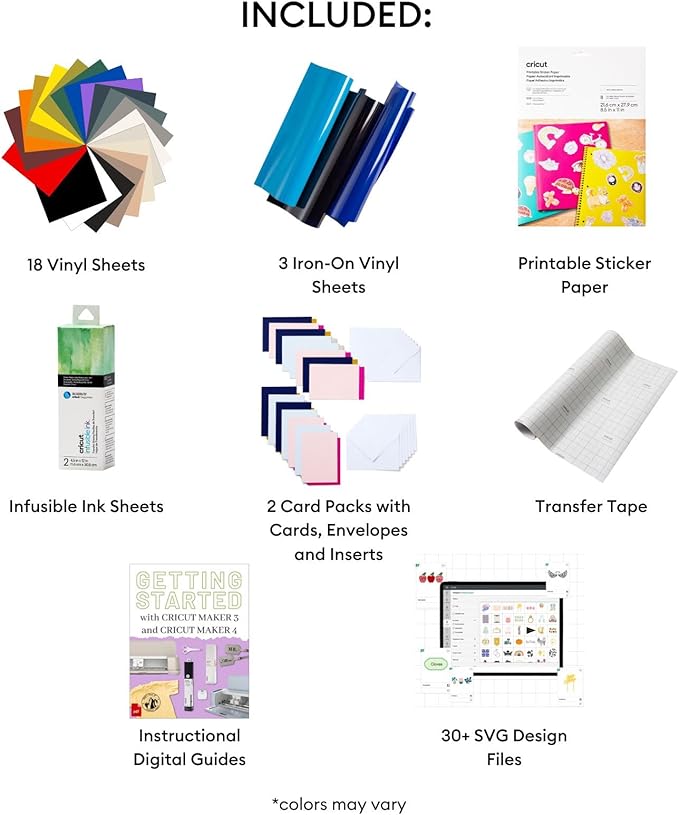 Cricut Deluxe All-in-One Materials and Accessories Bundle - 70+ Piece Beginner Sampler Material Kit for Cricut Explore Air and Maker Machines- Vinyl, HTV, Card Making Packs, and Sticker Paper