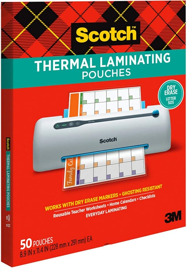 Scotch dry erase Thermal Laminating Pouches, 50-Pack, Works with Dry Erase Markers, Reuseable Worksheets, Calendars, Checklists, 8.9 x 11.4 Inches, Letter Size, Clear Professional Finish (TP3854-50DE)