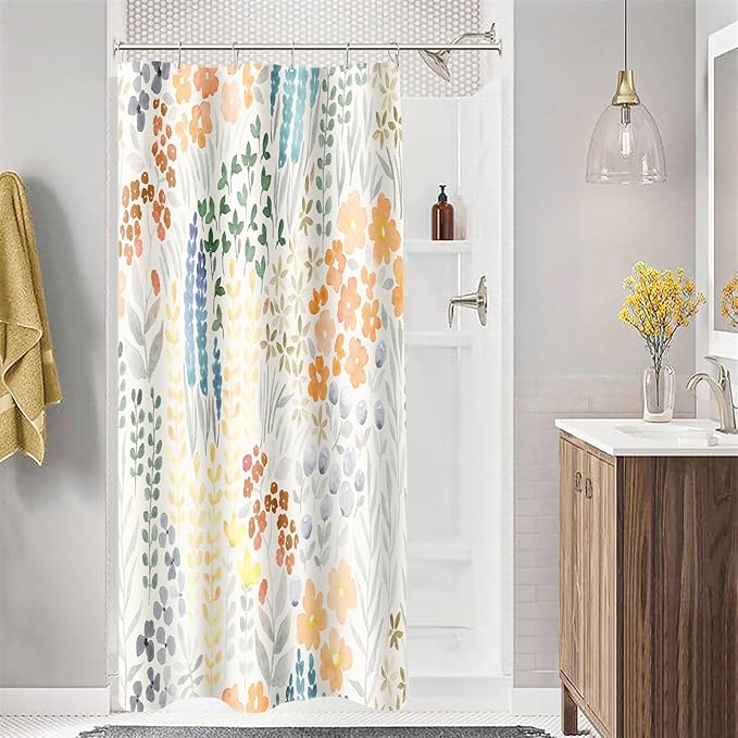 Small Stall Shower Curtain 36 x 72 Inch, Half Narrow Cute Floral Shower Curtain for Bathroom, Orange Wildflower Boho Cottagecore Fabric Shower Curtain Set with Hooks