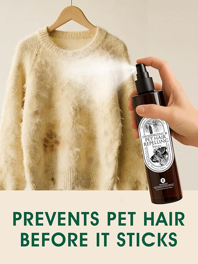 4-in-1 Pet Hair Repellent Spray, Pet Hair Dissolver & Odor Neutralize, Plant Based Enzymes, Safe for Pets, Clothes & Furniture, Refresh Pine Nut Scent, 6.76 fl oz, 2 Travel Pack