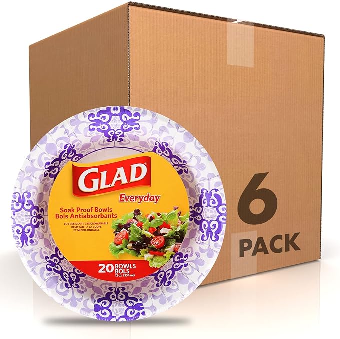 Glad Disposable Purple & White Victorian Design Bowls, 20 Count - 6 Pack | Microwave Safe, Perfect for Parties & Picnics