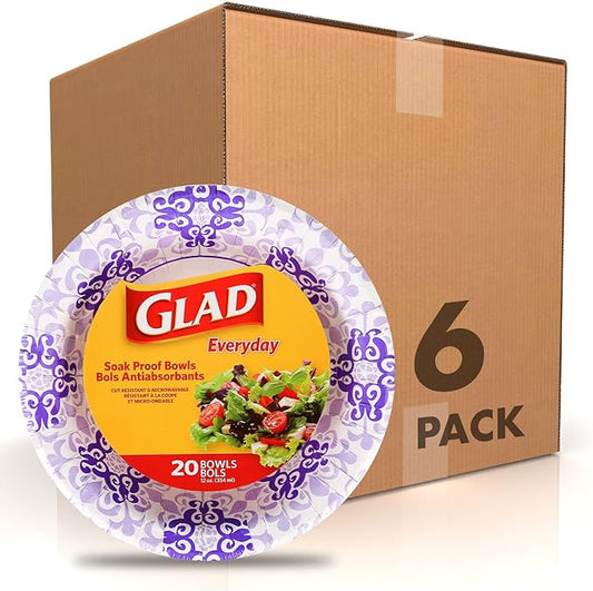Glad Disposable Purple & White Victorian Design Bowls, 20 Count - 6 Pack | Microwave Safe, Perfect for Parties & Picnics