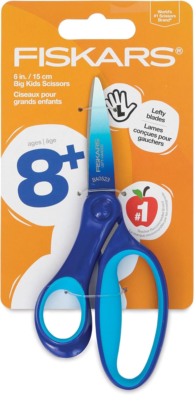 Fiskars 6" Left-Handed Big Kids Scissors for Ages 8-11, Scissors for School or Crafting, Back to School Supplies, Ombre Blue-Turquoise