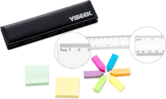 Sticky Notes and Index Tabs Set with Ruler – 640 Pieces Colored Page Markers, 2 Mini Rectangular Note Pads, 6 Arrow Flags, Leather-Look Organizer Case, 1 Set