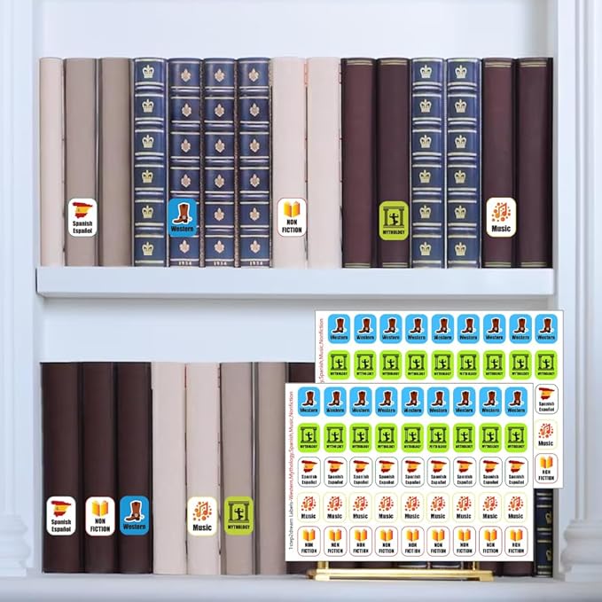 Genre Book Spine Labels for Library | Classroom Library Classification Stickers 450pcs | Nonfiction,Western,Mythology,Spanish,Music