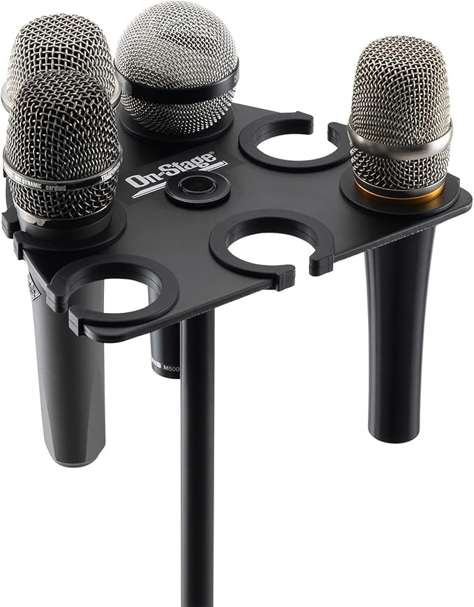 On-Stage MSA2700 Multi-Mic Holder (Microphone Organizer, Display, Caddy, Supports Handheld, Dynamic, Wired, and Wireless Mics, Aluminum, Silicone Padding, Black)