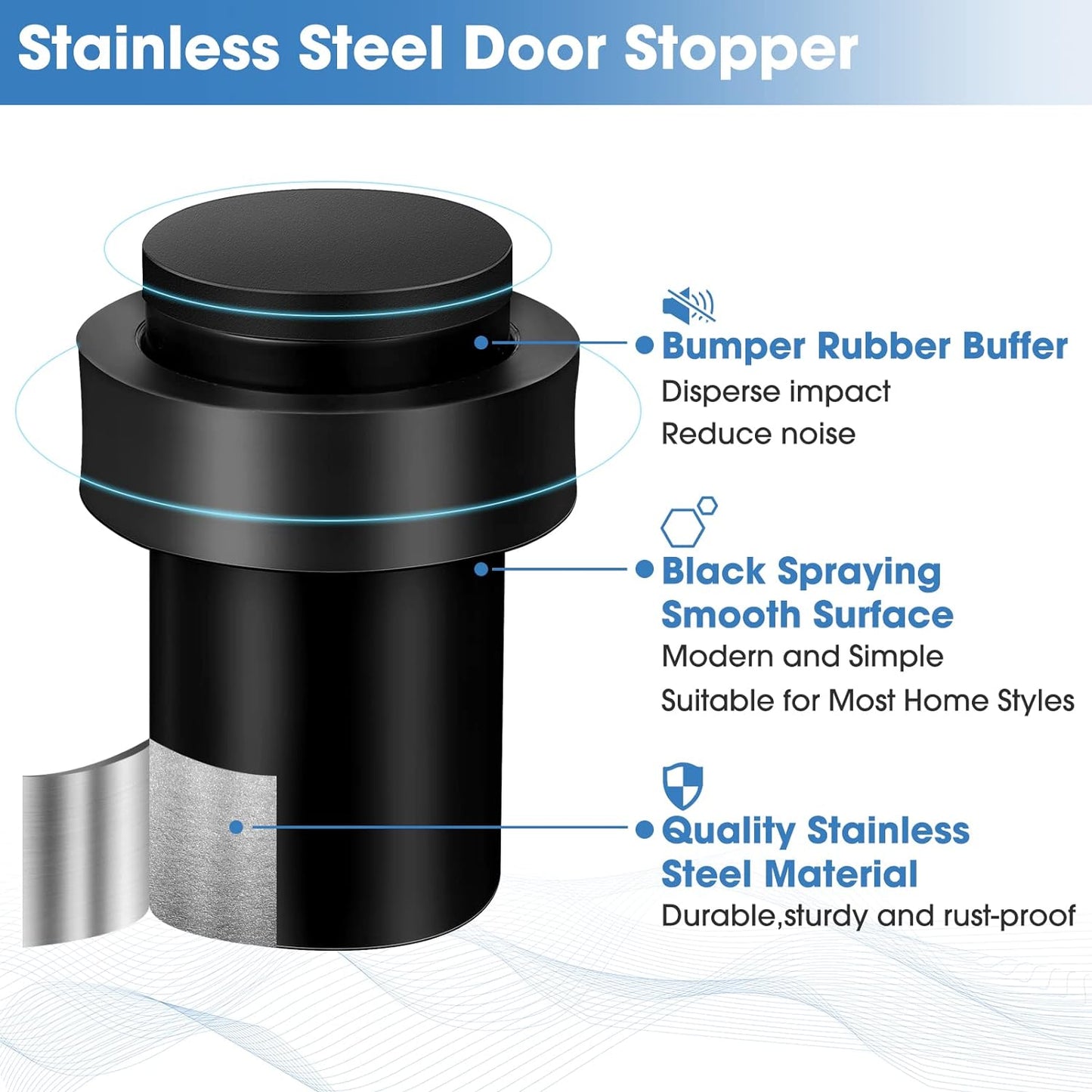 Chumia 20 Pcs Door Stopper Mounted Floor Stops Stainless Steel Cylindrical Stopper Modern Decorative Rubber Bumper Stops Holder Wall Protector for Bottom or Top of Door (Black)