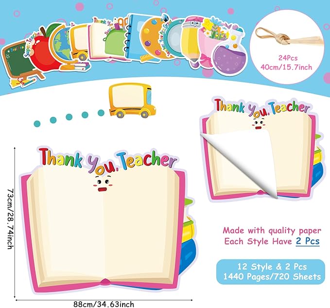 24 Sets Teacher Sticky Notes and Pens Set Teacher Appreciation Gifts Bulk Pencil Book Blackboard Apple Bouquet Shaped Self Sticky Notepads Ballpoint Pens for Teacher Gift School Supplies