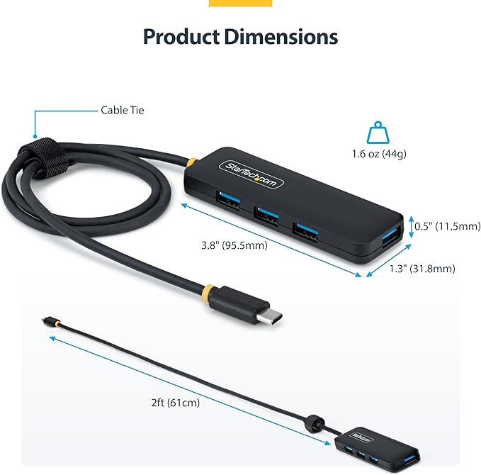 StarTech USB-C 4-Port Hub, SuperSpeed 5Gbps, 4 × USB-A Adapter, Bus-Powered Portable Hub with Extra Long 2 ft Cable, Plug-and-Play for MacBook, Dell, Chromebook, PC & Peripheral Devices